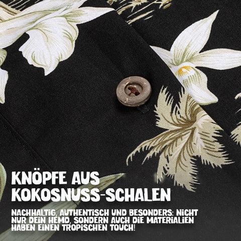 Knöpfe aus Kokosnuss-Schalen: Hawaiihemd Maui Midnight im Detail