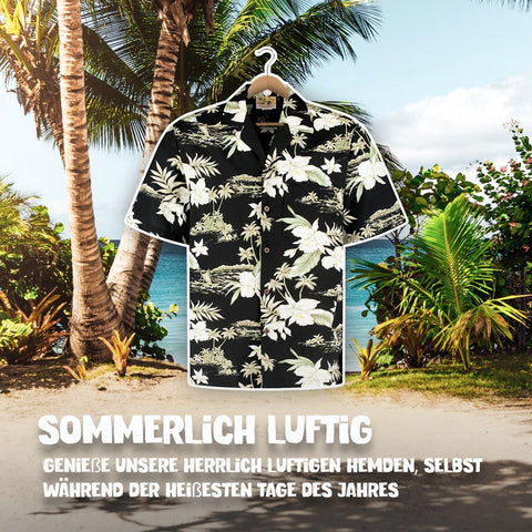 Sommerlich luftig: Hawaiihemd Maui Midnight am Bügel, Vorderseite