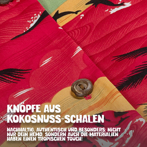 Knöpfe aus Kokosnuss-Schalen: Hawaiihemd Tropisches Hawaii Rot im Detail