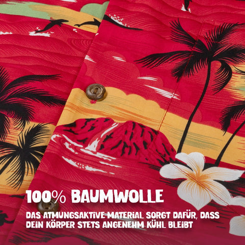 100% Baumwolle: Hawaiihemd Tropisches Hawaii Rot