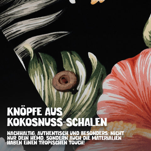 Knöpfe aus Kokosnuss-Schalen: Hawaiihemd Hibiskus Schwarz im Detail