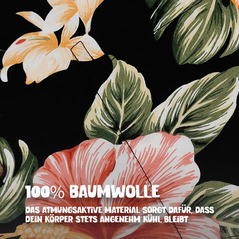 100% Baumwolle: Hawaiihemd Hibiskus Schwarz