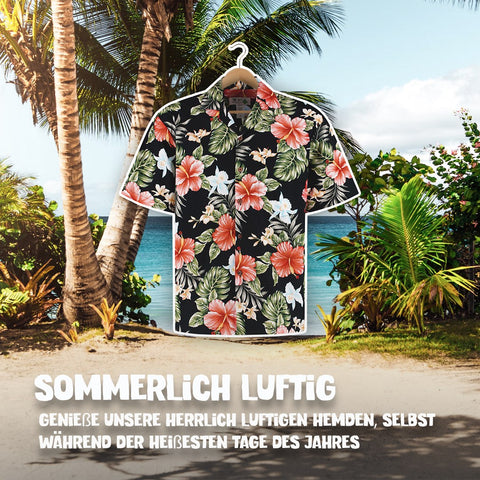 Sommerlich luftig: Hawaiihemd Hibiskus Schwarz am Bügel, Vorderseite