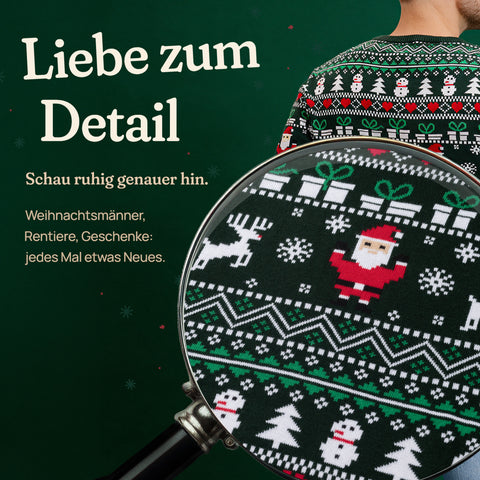 Der Perfekte Weihnachtspullover im Detail: Weihnachtsmänner, Rentiere und Geschenke